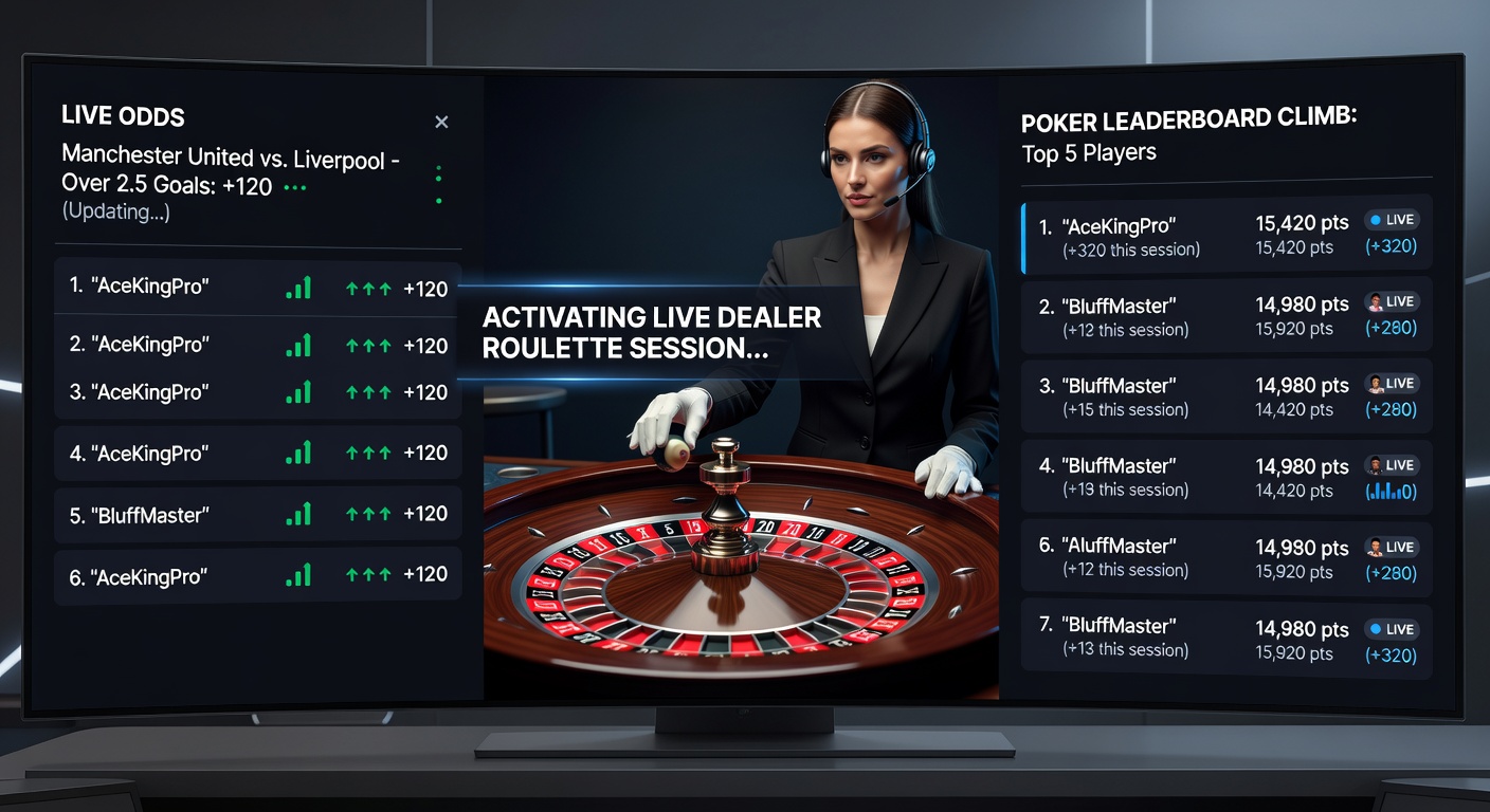 Mobile app interface showing football odds triggering live dealer roulette and poker leaderboard updates