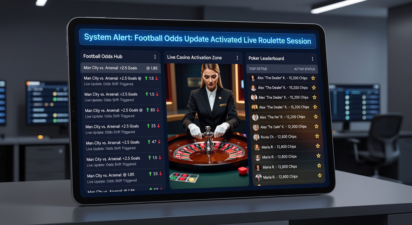 Live dealer roulette table activated by football odds update with integrated poker leaderboard display