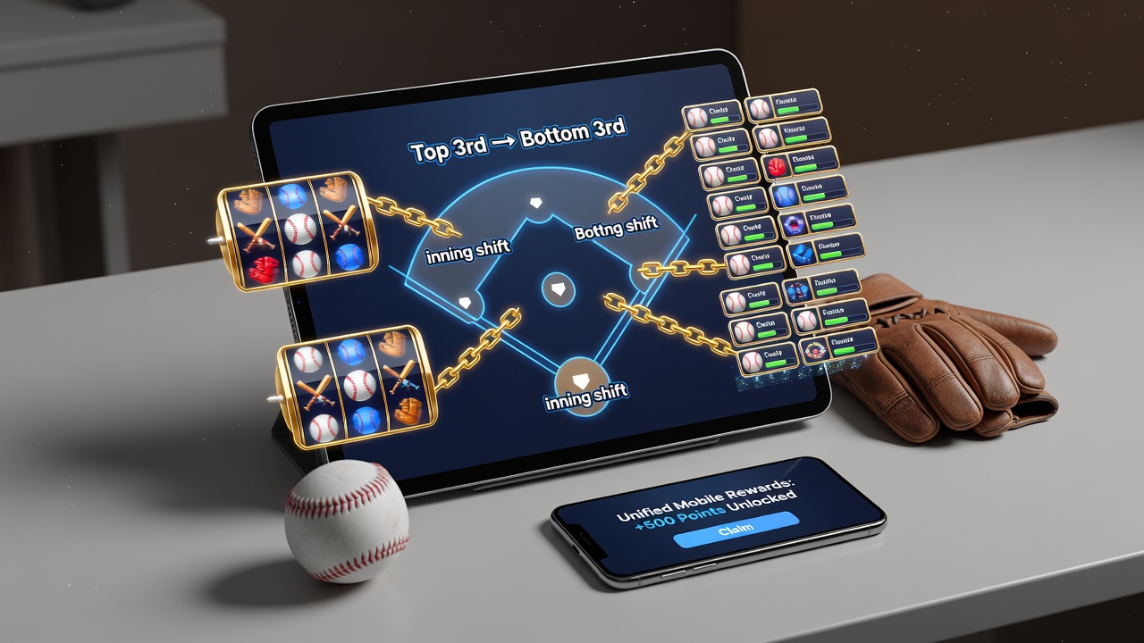 Mobile app interface displaying baseball inning progress alongside table game and slot reward indicators