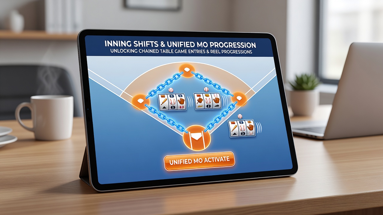 Infographic showing inning milestones converting into slot reel stages and table game entries on a mobile dashboard