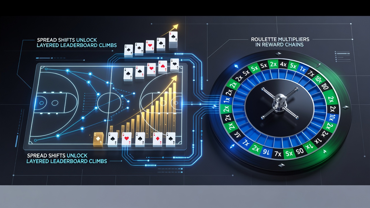 Mobile app interface displaying basketball spread data integrated with poker leaderboards and roulette bonus multipliers