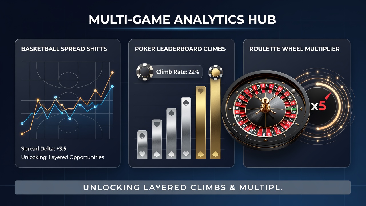 Roulette wheel interface showing active multipliers linked to basketball spread alerts and poker progress indicators