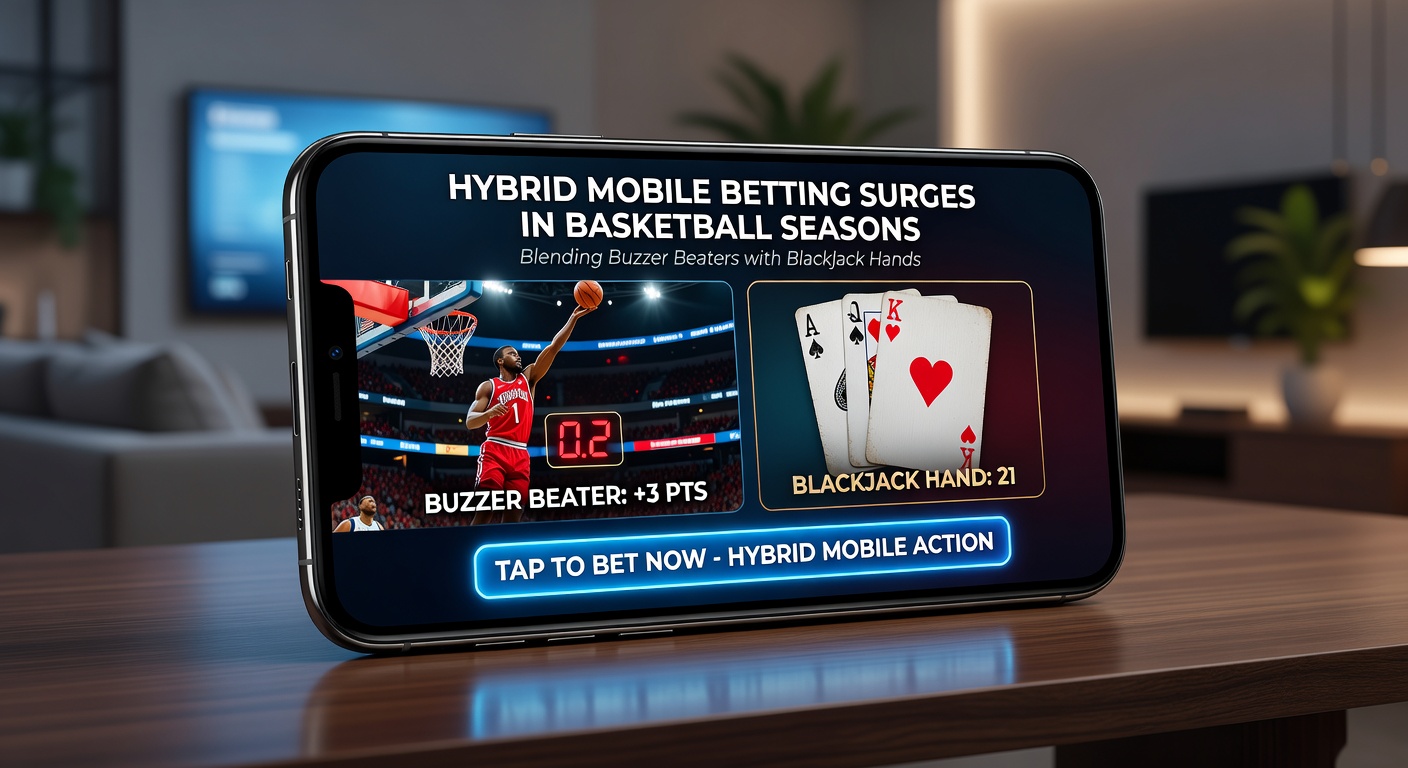 Smartphone screen displaying a hybrid betting app interface with live NBA basketball odds alongside a blackjack table game