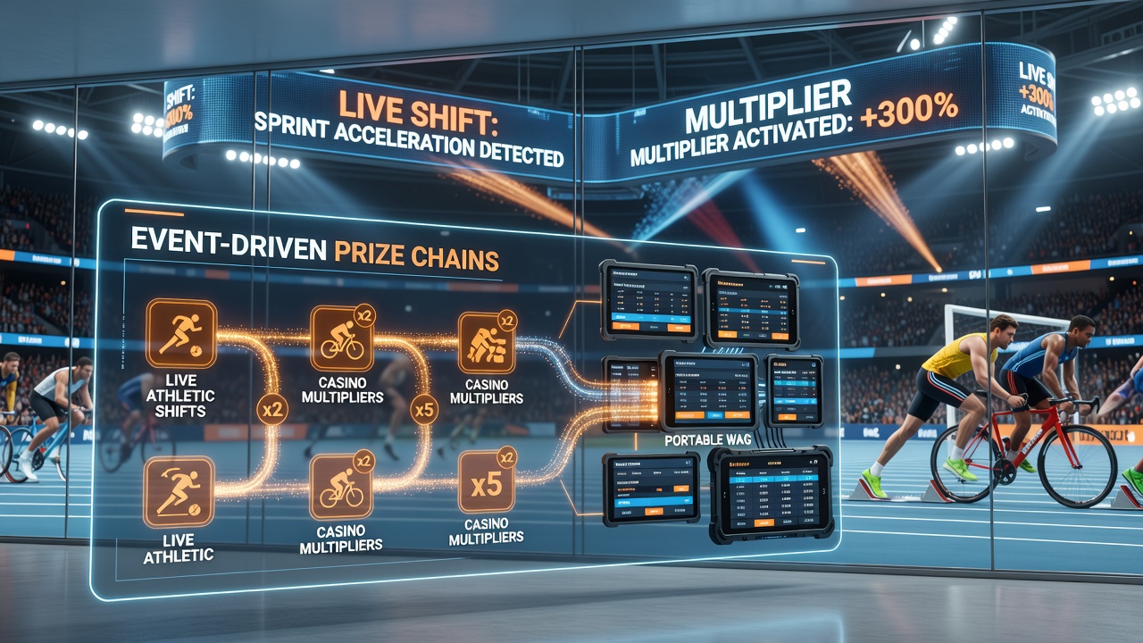 Network diagram illustrating how athletic event data flows into casino prize multipliers on handheld devices
