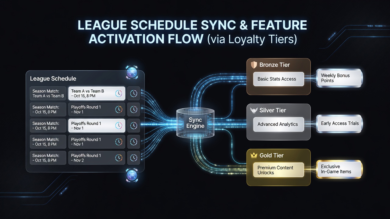 Mobile screen displaying loyalty tier dashboard with active game features synchronized to upcoming league events