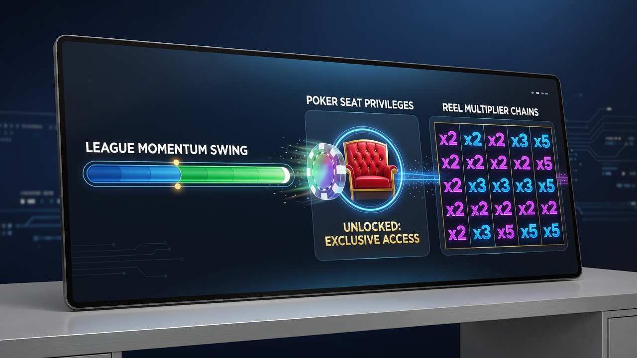 Close-up view of synchronized handheld interface showing poker seat privilege notifications linked to active reel multiplier chains during a league momentum event