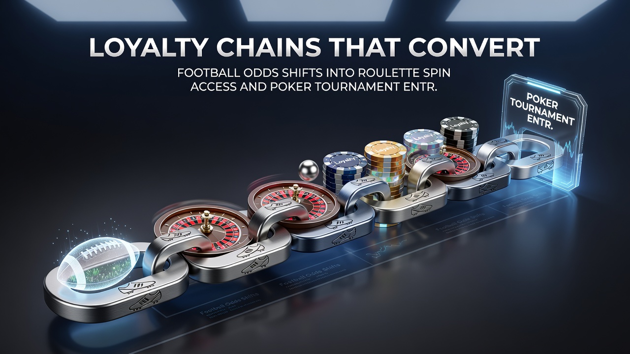 Portable device screen showing loyalty points converting football betting activity into roulette spins and poker entries