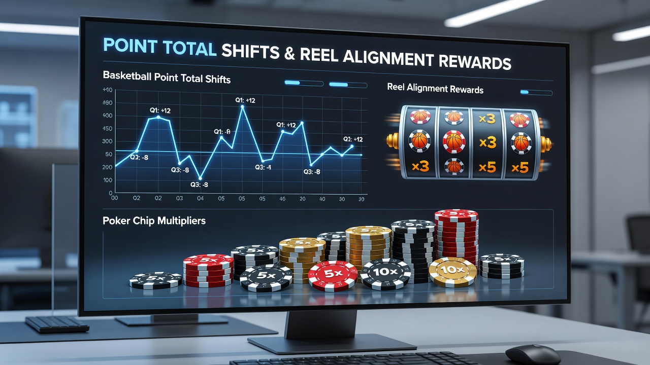 Loyalty dashboard on handheld device displaying basketball total progress alongside slot reel and poker chip rewards