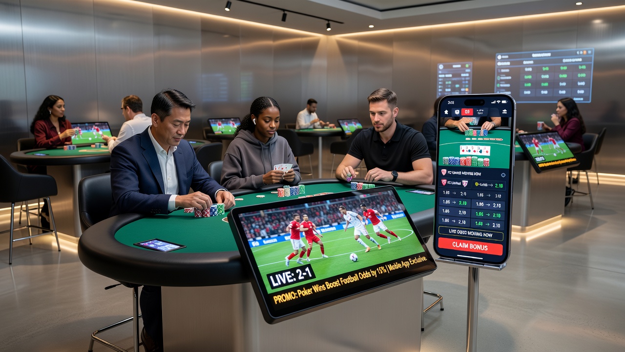 Live poker table screen on mobile with football odds promotion overlay