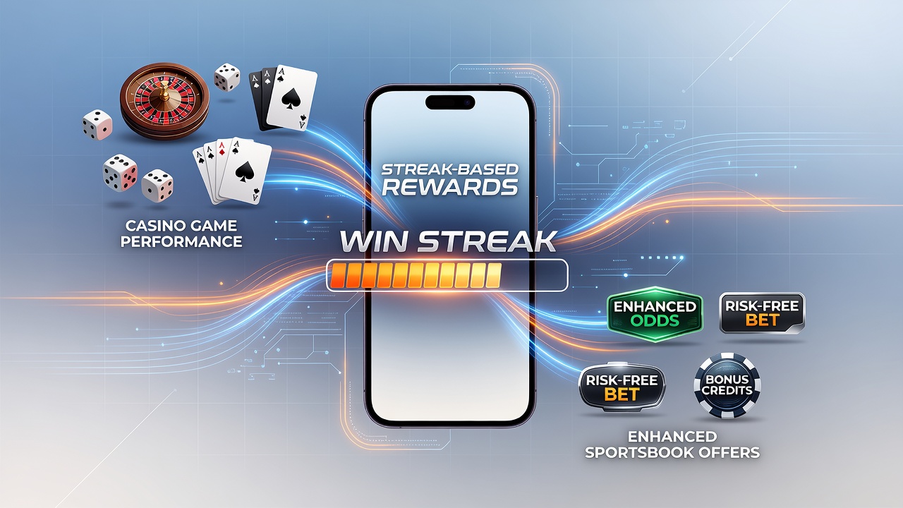 Mobile app interface showing streak rewards linking casino game wins to sportsbook bonus offers